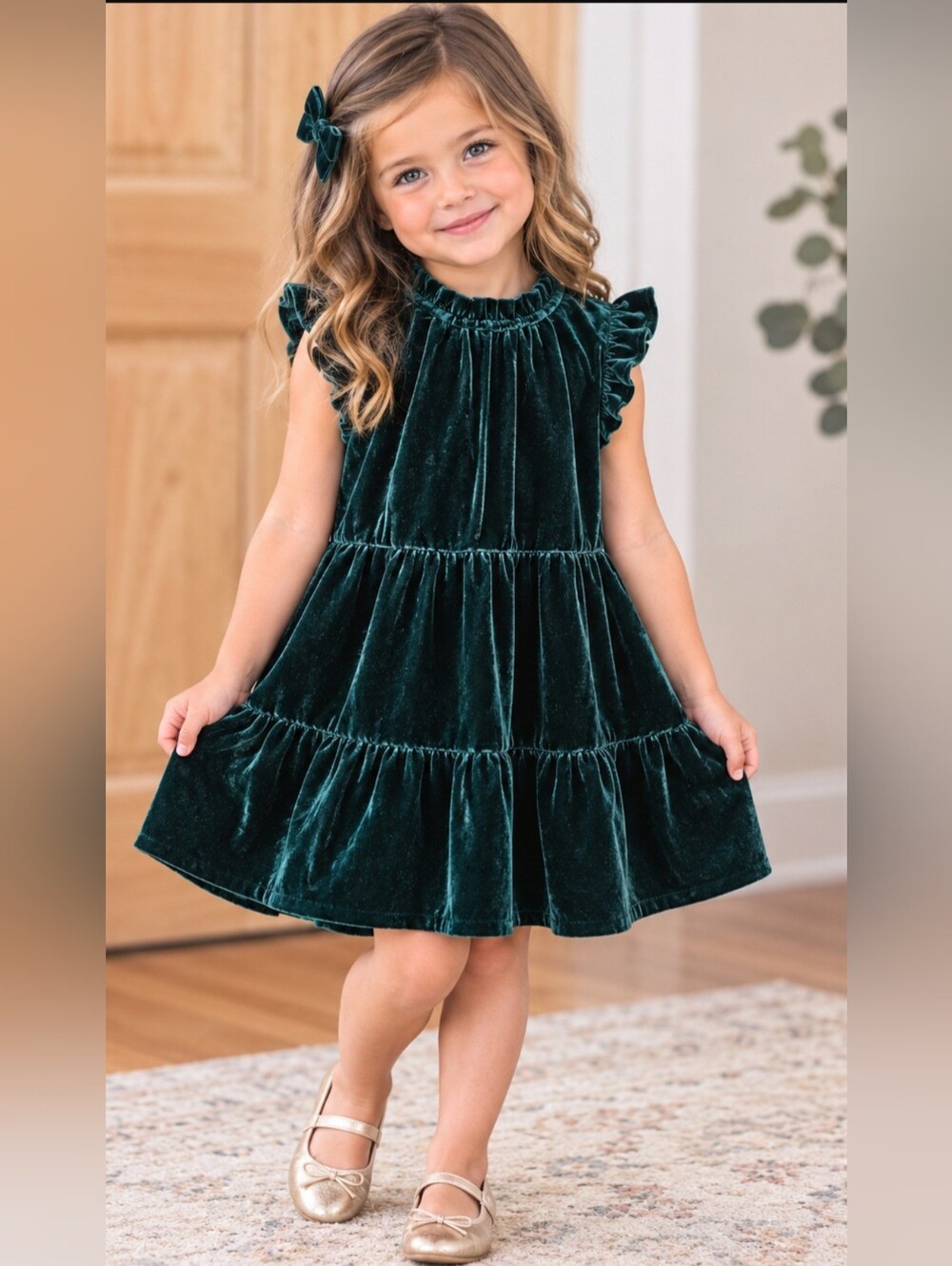 J.Crew Crewcuts Girls Emerald Green Velvet Ruffle Tiered Dress – Size 4